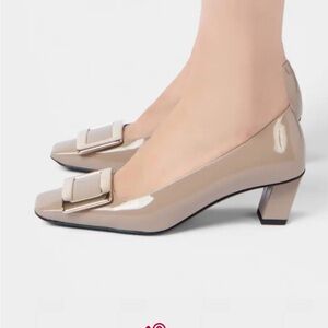 Size 34 Roger Vivier Taupe Patent Leather Belle Vivier Heels with Silver Buckle